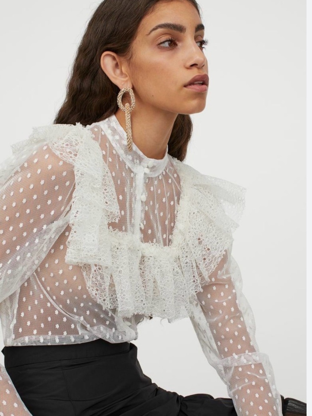 Sandra Mansour x H&M Sheer Swiss Dot Lace Ruffle Blouse White XXL